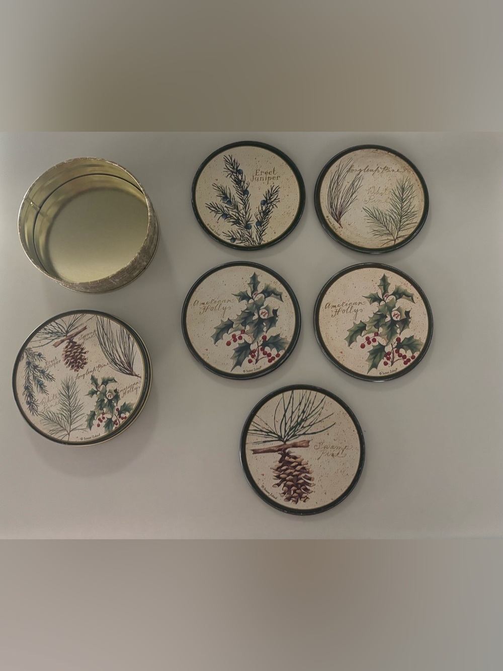 Vintage Giftco Susan Zulauf Christmas Tin Coasters Set of 5 Holly Pine Cork Back
